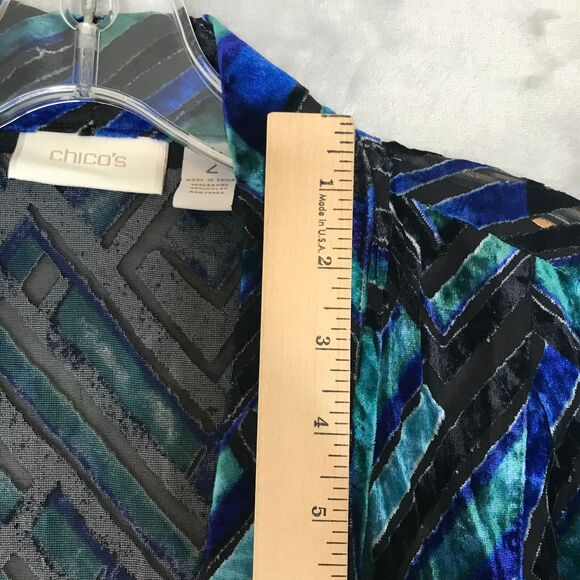 Chicos Cardigan Womens Large Blue Black Velvet Semi Sheer Open Front Chicos 2 - Picture 10 of 11